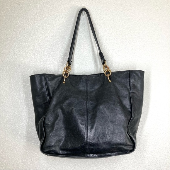 BADGLEY MISCHKA Black Tessa Shine Leather Studded Tote Handbag 17x13" - Picture 9 of 16